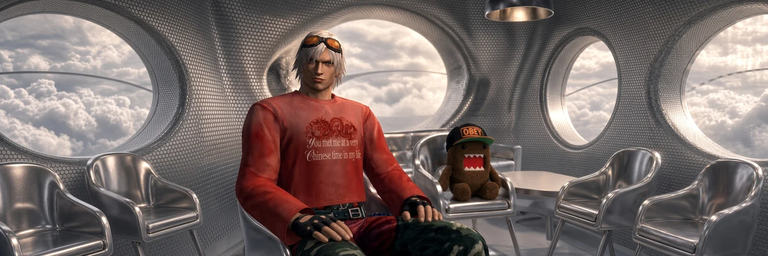 Dante sitting in a chrome capsule above the clouds, wearing the red dragon shirt, with Domo-kun in an OBEY cap on the next chair